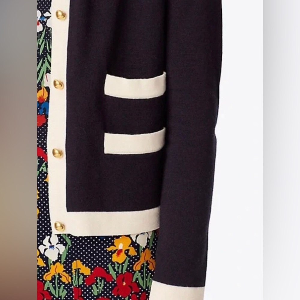 Tory Burch Kendra Cardigan Navy With Contrasting Cream Trim Size L - Picture 2 of 15